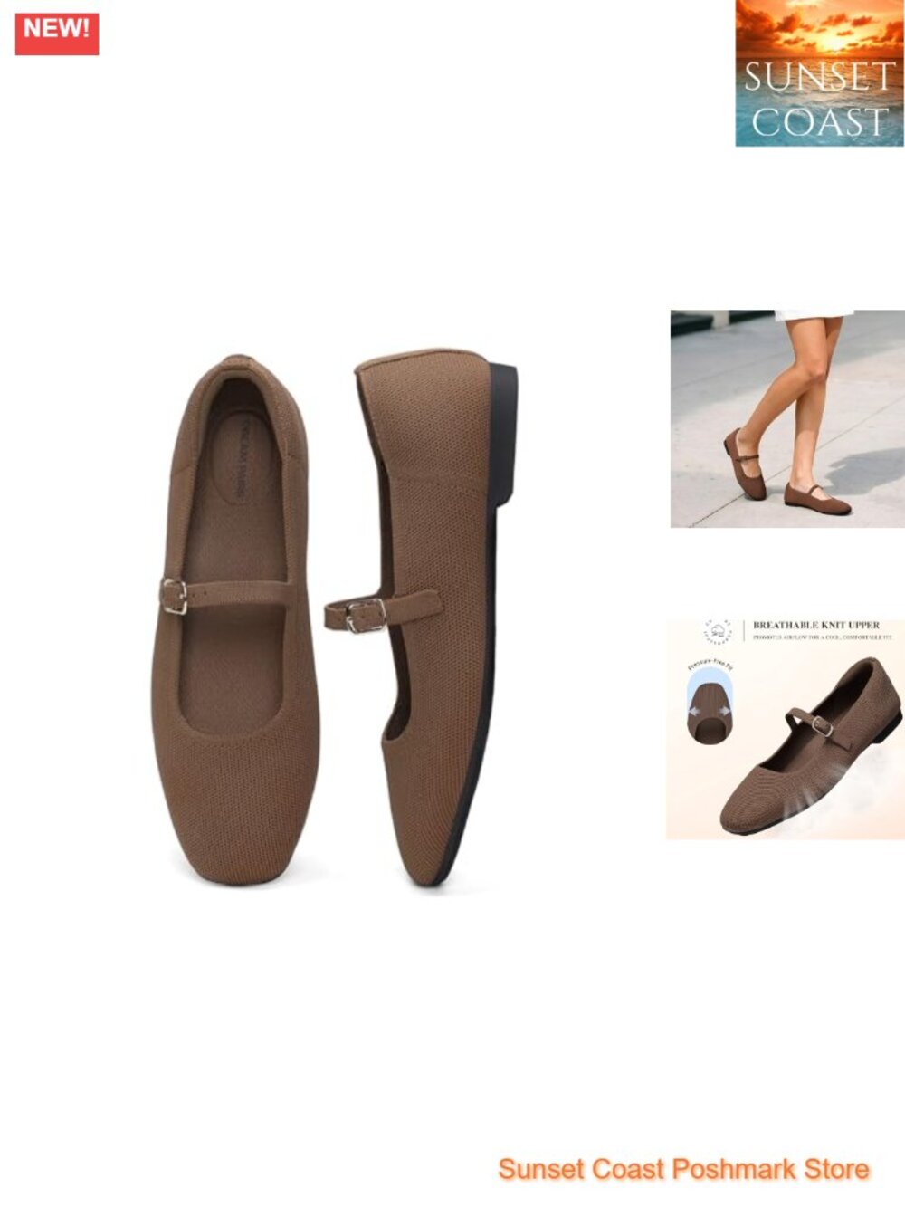 Mary Jane Square Toe Ballet Flats Flexible Knit Buckle Strap Casual